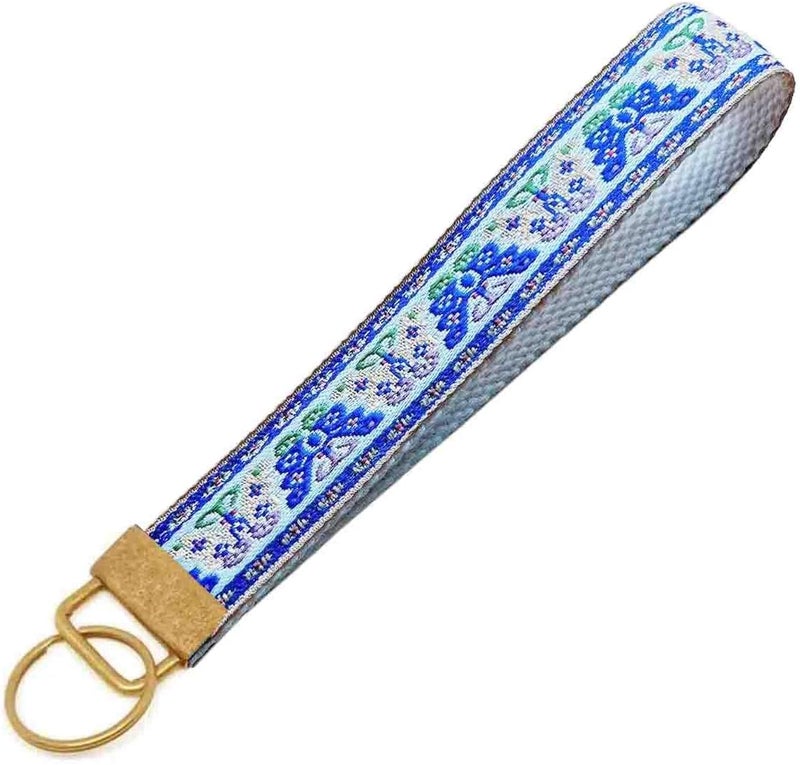 BattleTim Floral Embroidered Fabric Keychain Wristlet Key Fob Keychain Car Key Chain Holder Handmade Wristband for Women - Image 1